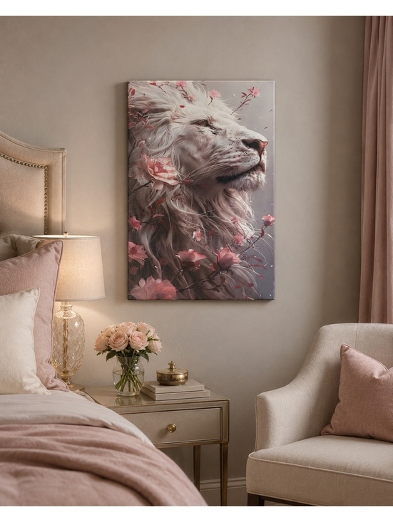 None Other - Blush Floral White Lion Canvas Wall Art 18x12